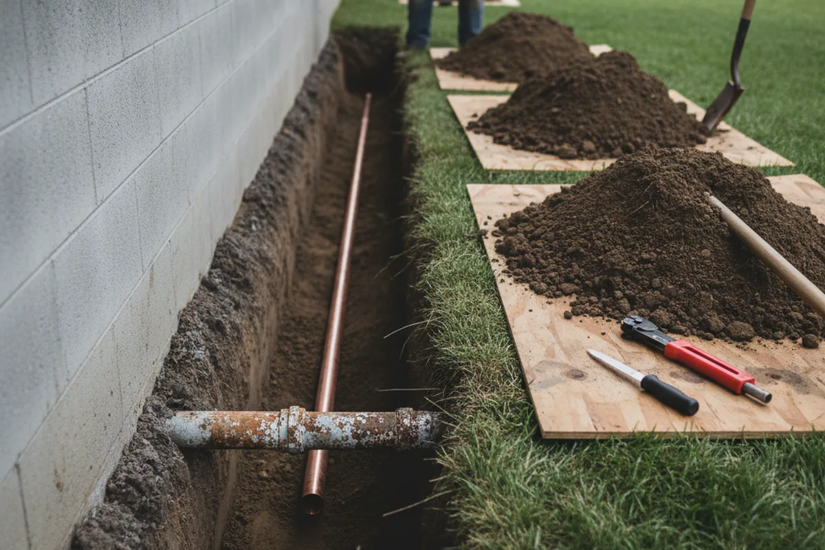 Excavated water line trench during Water Softener Installation in Stem